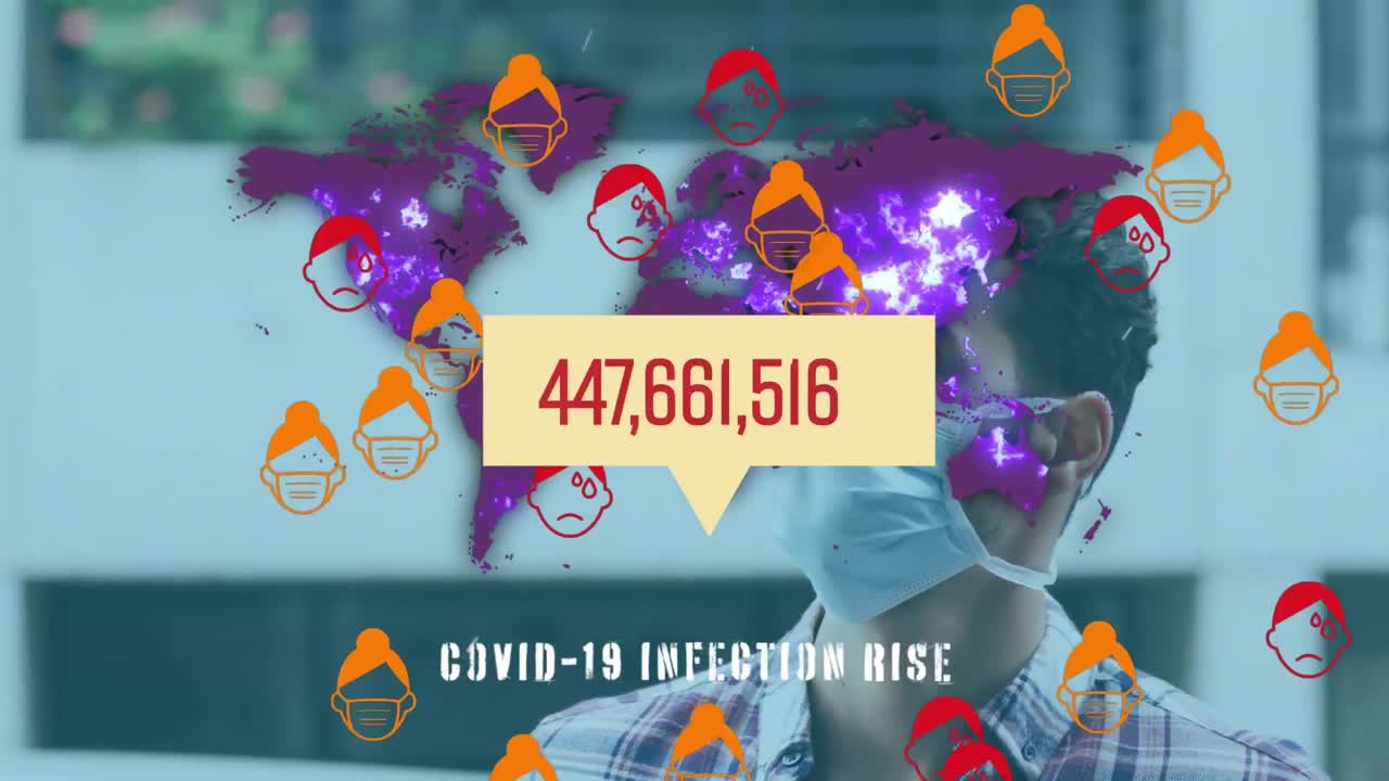 animación del procesamiento de datos de covid-19 sobre el mapa del mundo y el hombre con máscara facial