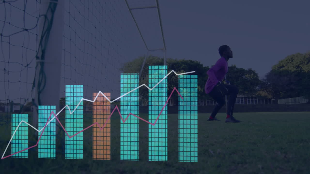 Goalkeeper crouching by soccer goal, technology overlays showing teal bar charts with trend lines