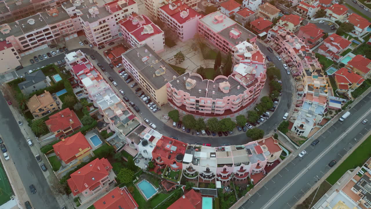 Drone view residential complex with circular layout. Urban neighborhood design
