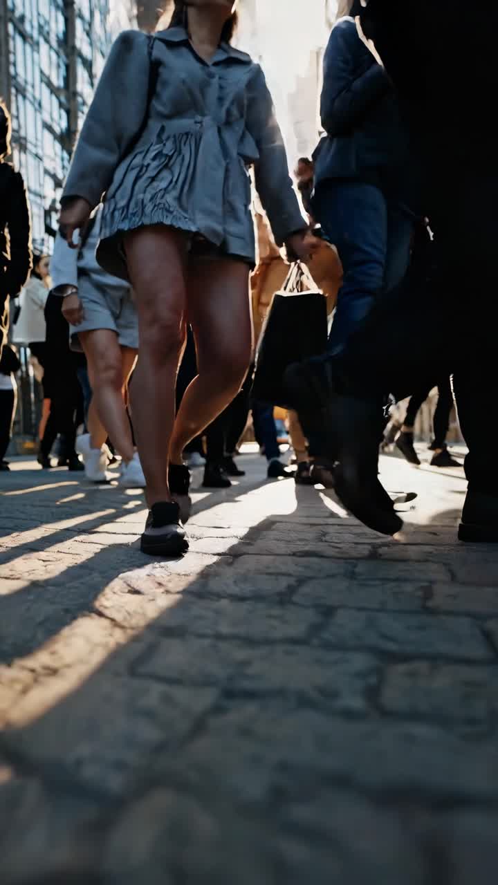 Video dinamico di strada cattura la vivace vita cittadina a livello del suolo, con la luce del sole che filtra