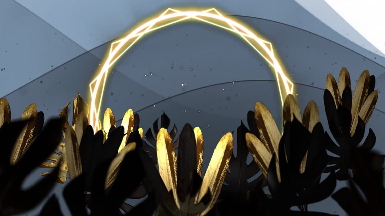 Glowing geometric ring animation over dark leaves with golden accents