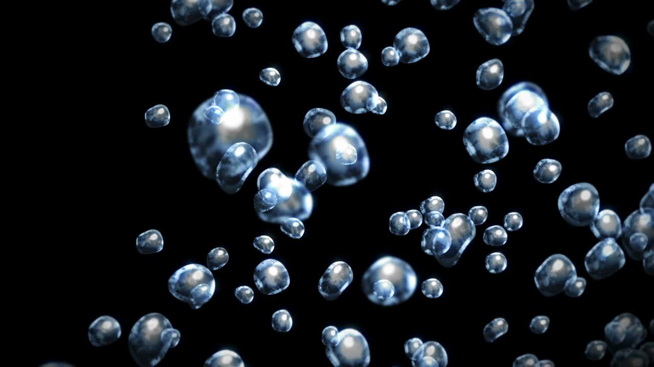 검은 바탕에 많은 물방울이 날아가고, 순수한 물방울, 투명한 표면, 공기 거품이 회전하는 3d 애니메이션, 루프 애니메이션.