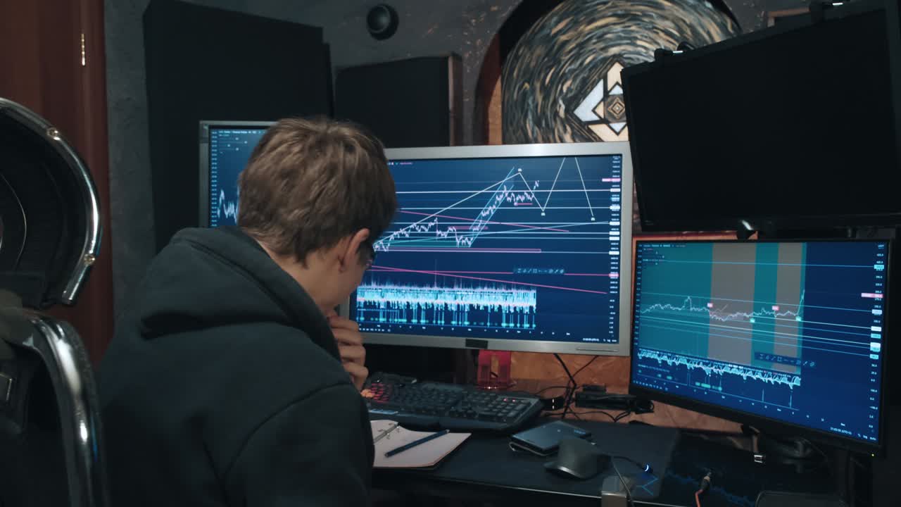 comerciante en la bolsa de valores, ve el crecimiento de las cotizaciones en el gráfico y está muy feliz