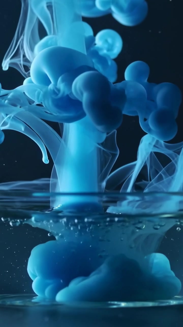 Video verticale: Versamento di colorante blu che forma un pennacchio in un recipiente di vetro con acqua limpida, con bolle che salgono.