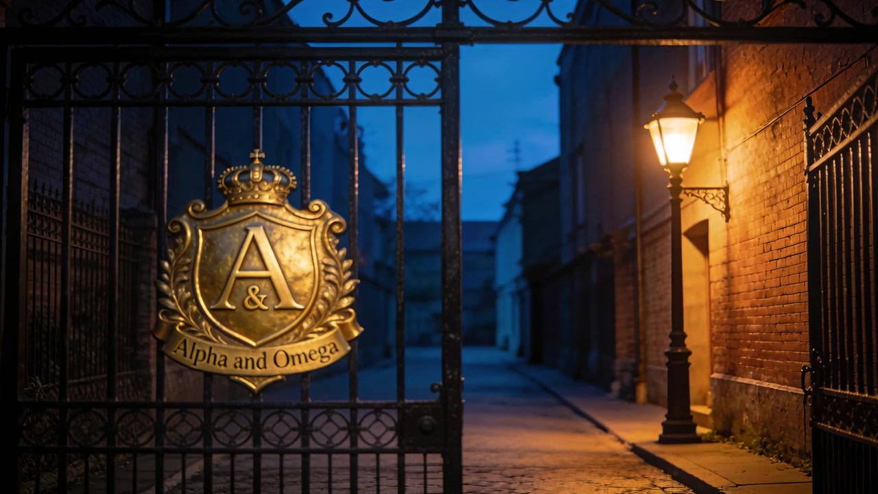 Zooming camera toward ornate wrought-iron gate, bringing gold crest forward at dusk, with lamp glow