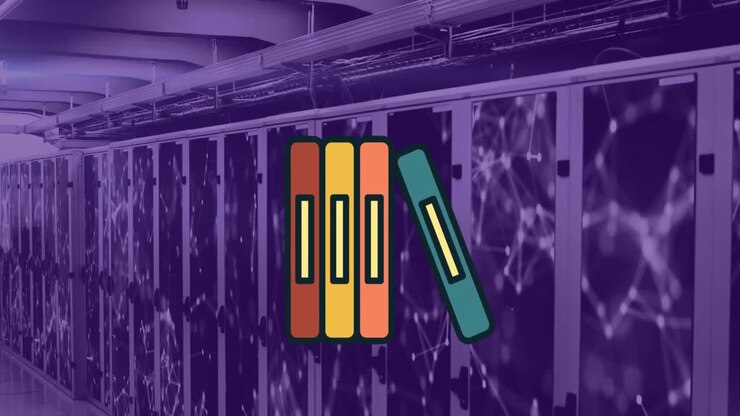 Animation of connections and books over violet server room
