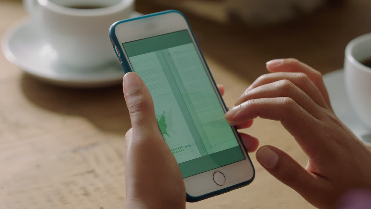 mujer de negocios joven manos usando smartphone en una cafetería navegando por documentos corporativos leyendo correo electrónico trabajando en teléfono móvil de cerca