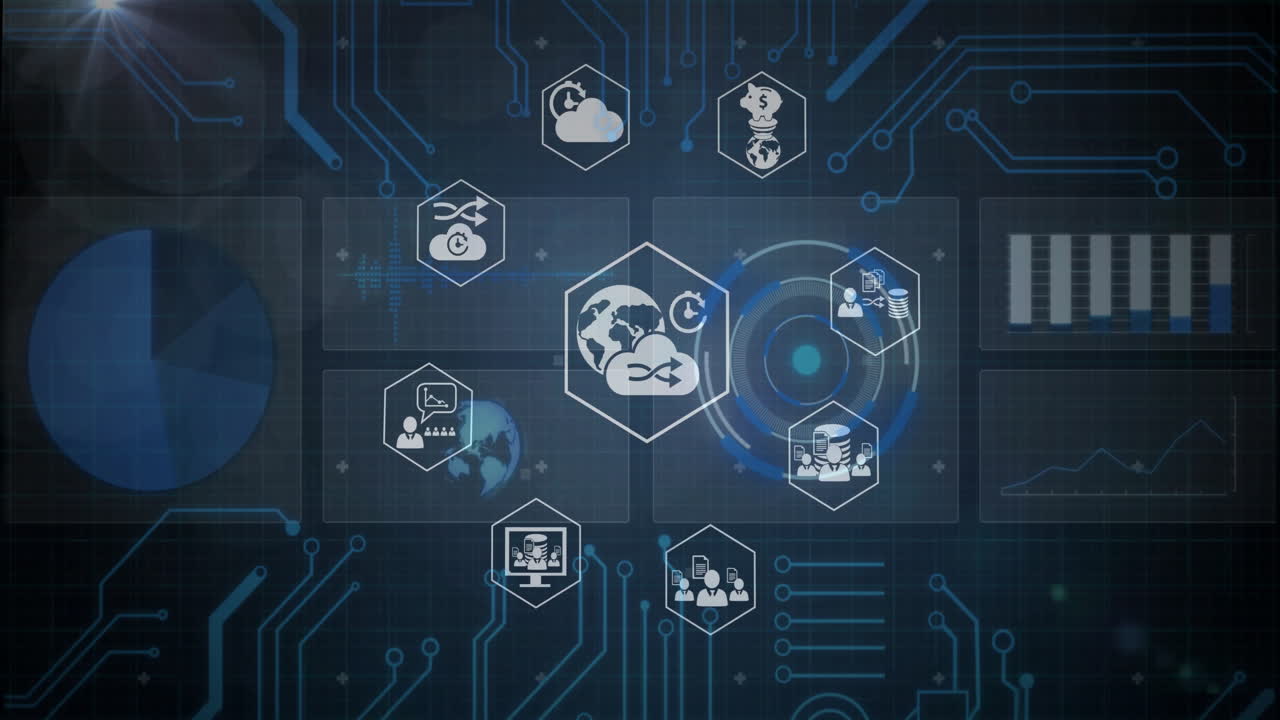 animación de iconos de medios sobre diagramas y globos