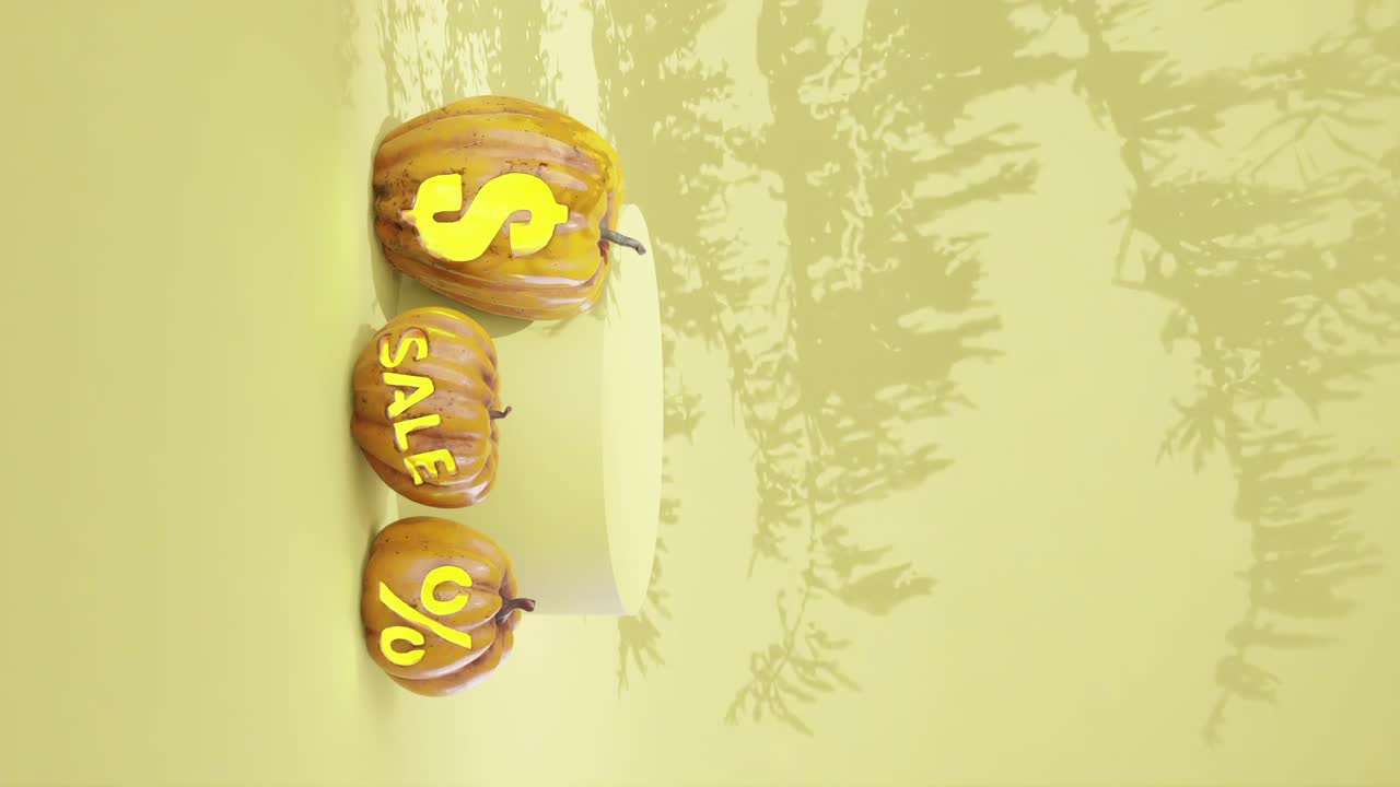 할로윈 판매 수직 배경 시각, 할로윈 판매, 배너, 노란 배경, 조각 된 호박 10 월 휴일, 할로윈 디스플레이, 할인, 10 월 판매, 3d 렌더링, 3d 애니메이션, 마케팅