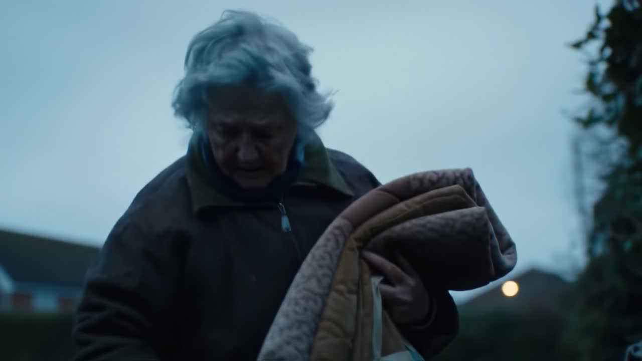 An elderly woman organizes blankets into her bag as dusk settles over a quiet rural area. She moves with care, showing tenderness in her task amidst the fading light of the day.