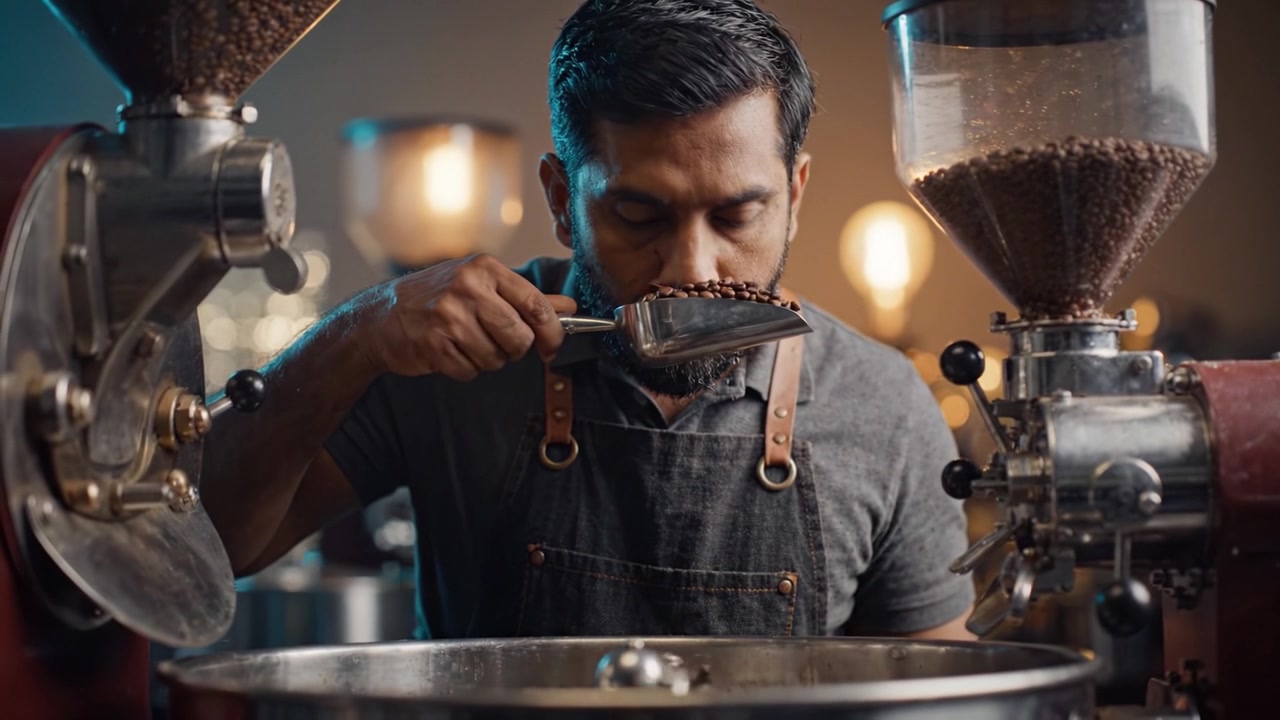 Un artigiano che tosta sapientemente chicchi di caffè in una torrefazione moderna, concentrandosi su artigianalità e qualità, mostrando precisione e passione per la creazione del caffè.