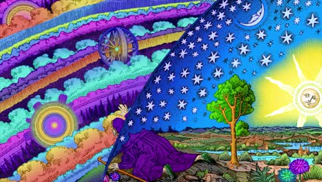 flammarion in color wide screen with animated tree. the left sky break into particles and reveals green screen