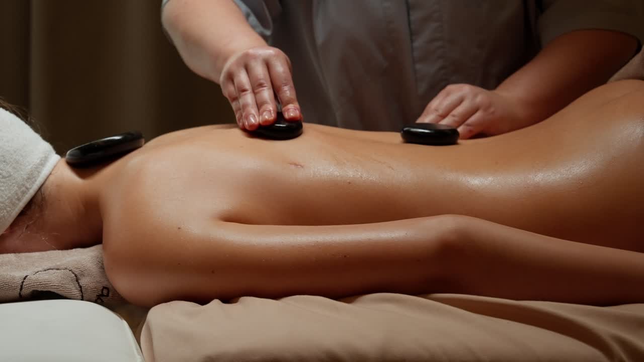 Kvinde modtager hot stone rygmassage i spa