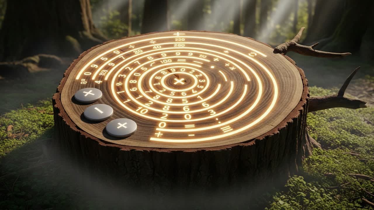 Illuminated Math Compass on a Wooden Tree Stump in a Calm Forest Setting: A Unique Blend of Nature and Geometry Representing Numerical Paths