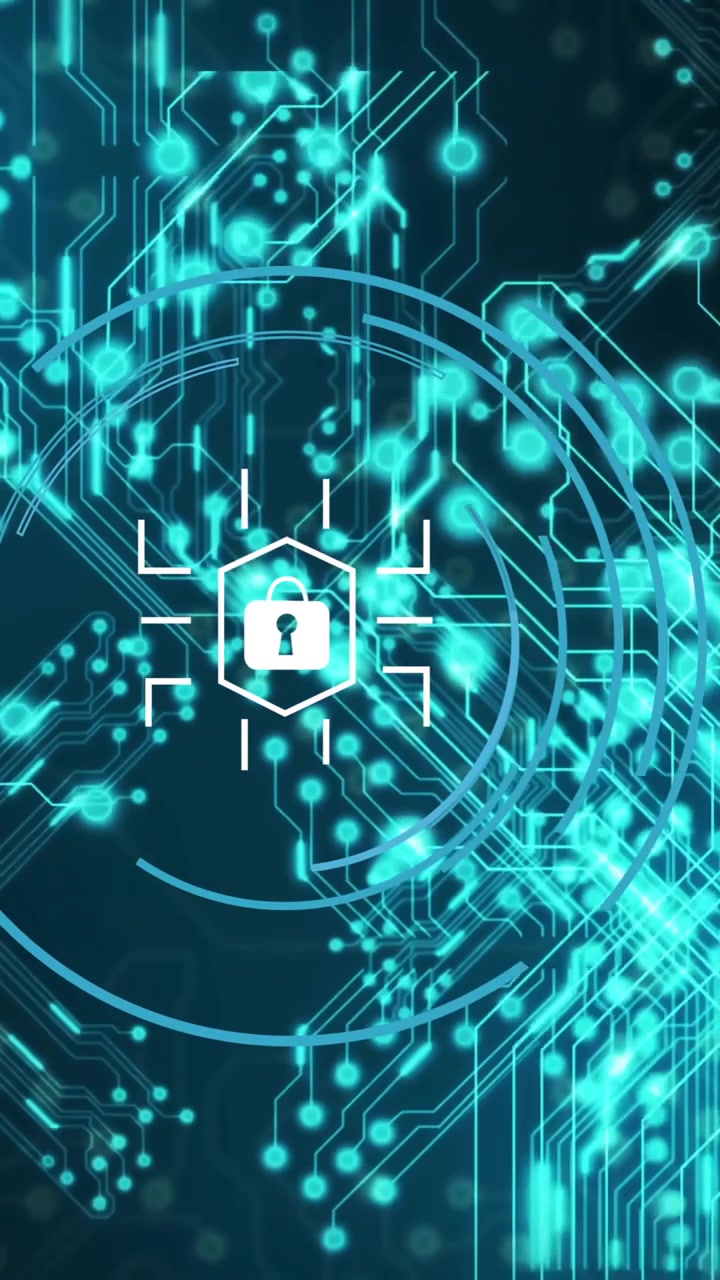 Animation of padlock icon, digital data processing over network of connections