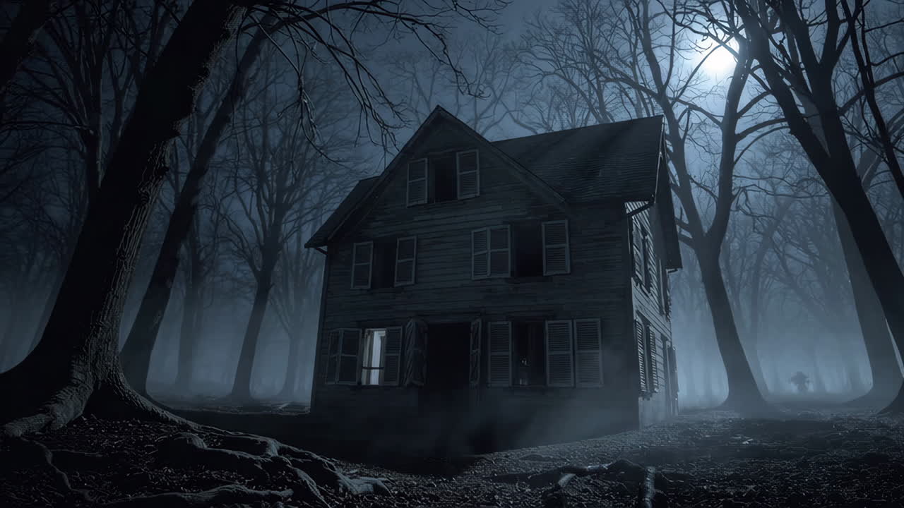Eerie Abandoned House in a Misty Forest at Night