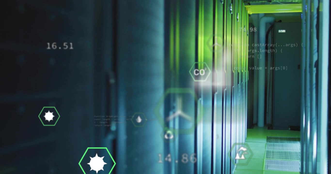 Starting forward panning camera moving past server racks revealing drifting icons emphasizing data