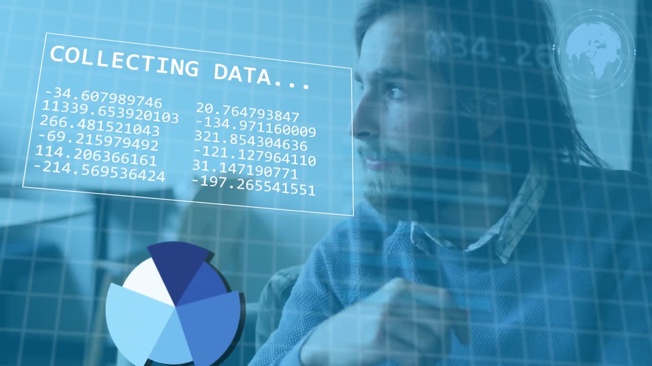 animación del procesamiento de datos estadísticos contra el hombre caucásico reflexivo en la oficina