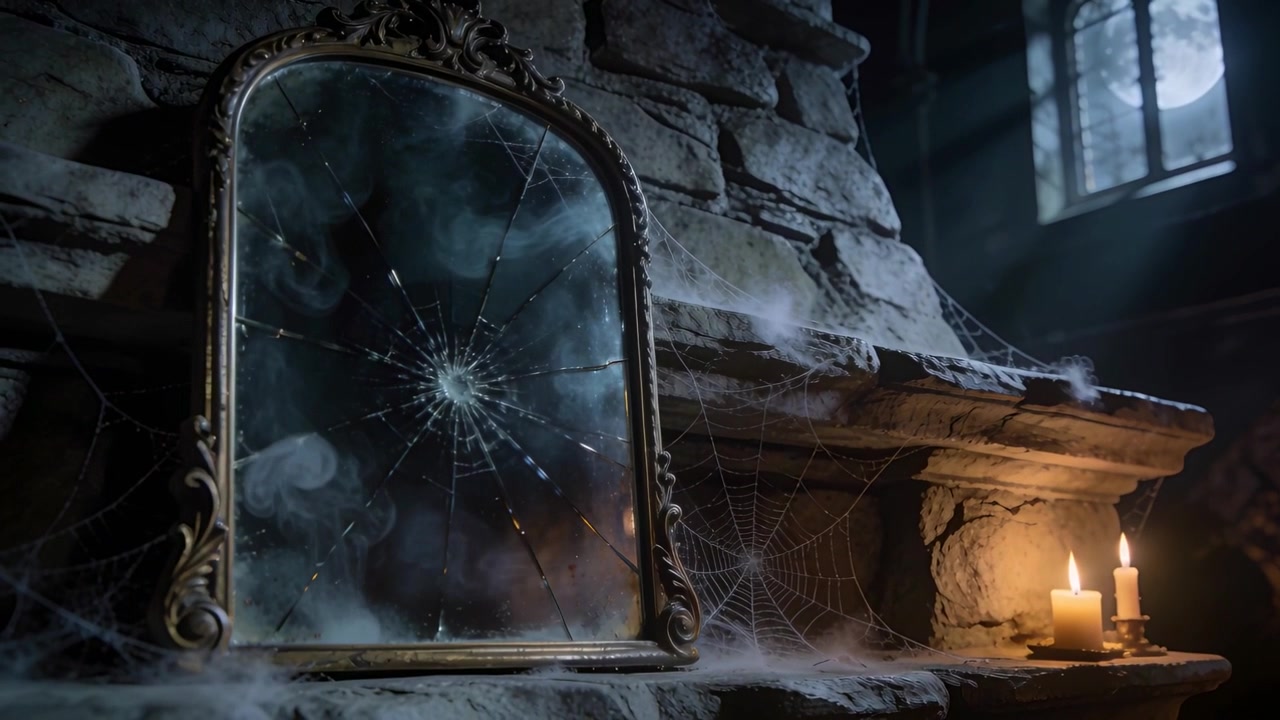 Cracked Antique Mirror in Dark Haunted Room with Candles