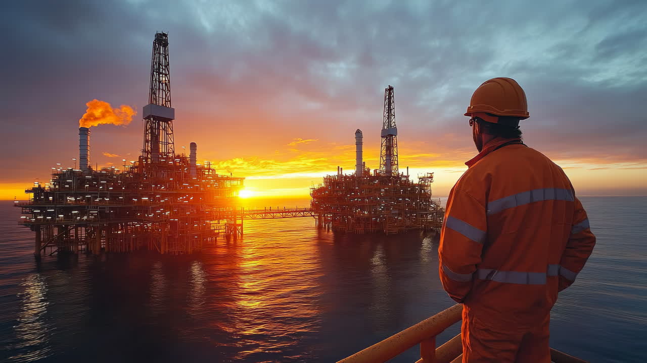 Sunset over oil rigs in the ocean. Workers observe the vibrant sunset while standing on a platform near oil rigs in the ocean at dusk