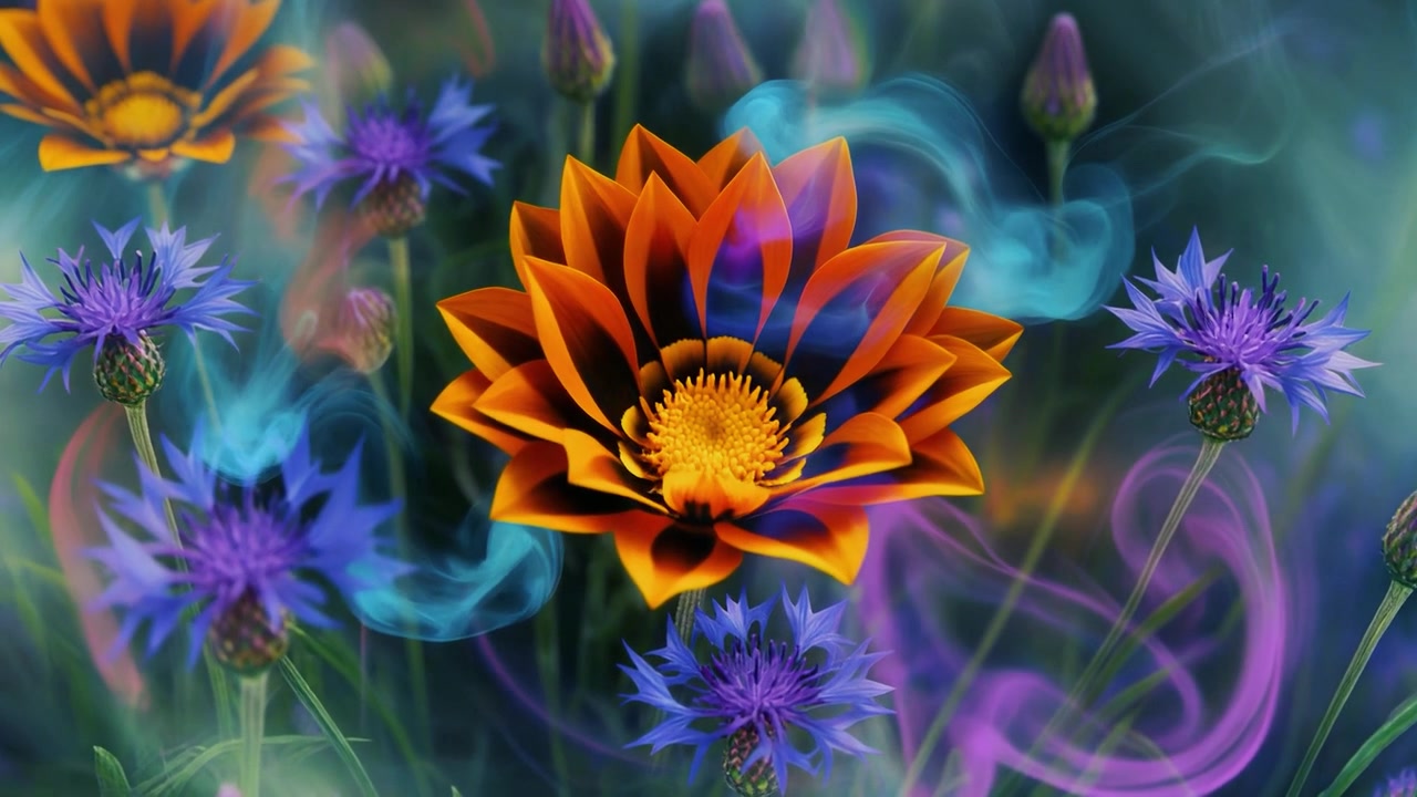 Gazania arancione vivace e fiordalisi blu circondati da fumo etereo