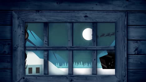 Animation-Des-Weihnachtsmanns-Im-Schlitten-Mit-Rentieren-In-Weihnachtlicher-Winterlandschaft,-Durch-Das-Fenster-Gesehen