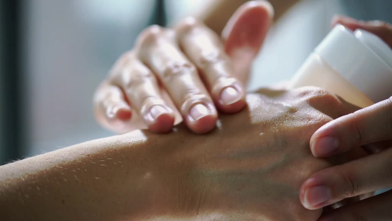 Påføring af lotion fra hvid flaske, hænder der gnider og blødgør for at fugte tør hud nær vinduet