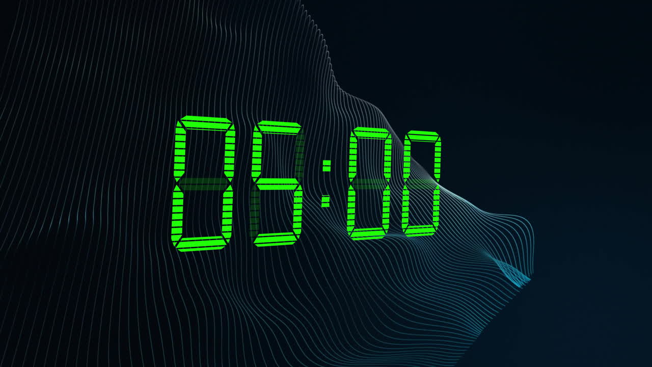 Animation of green digital clock timer changing on black background