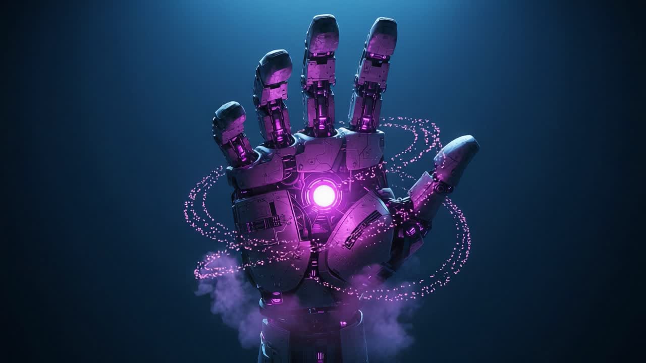 A stunning robotic hand illuminated with vibrant purple energy, showcasing futuristic technology and motion in a captivating digital environment