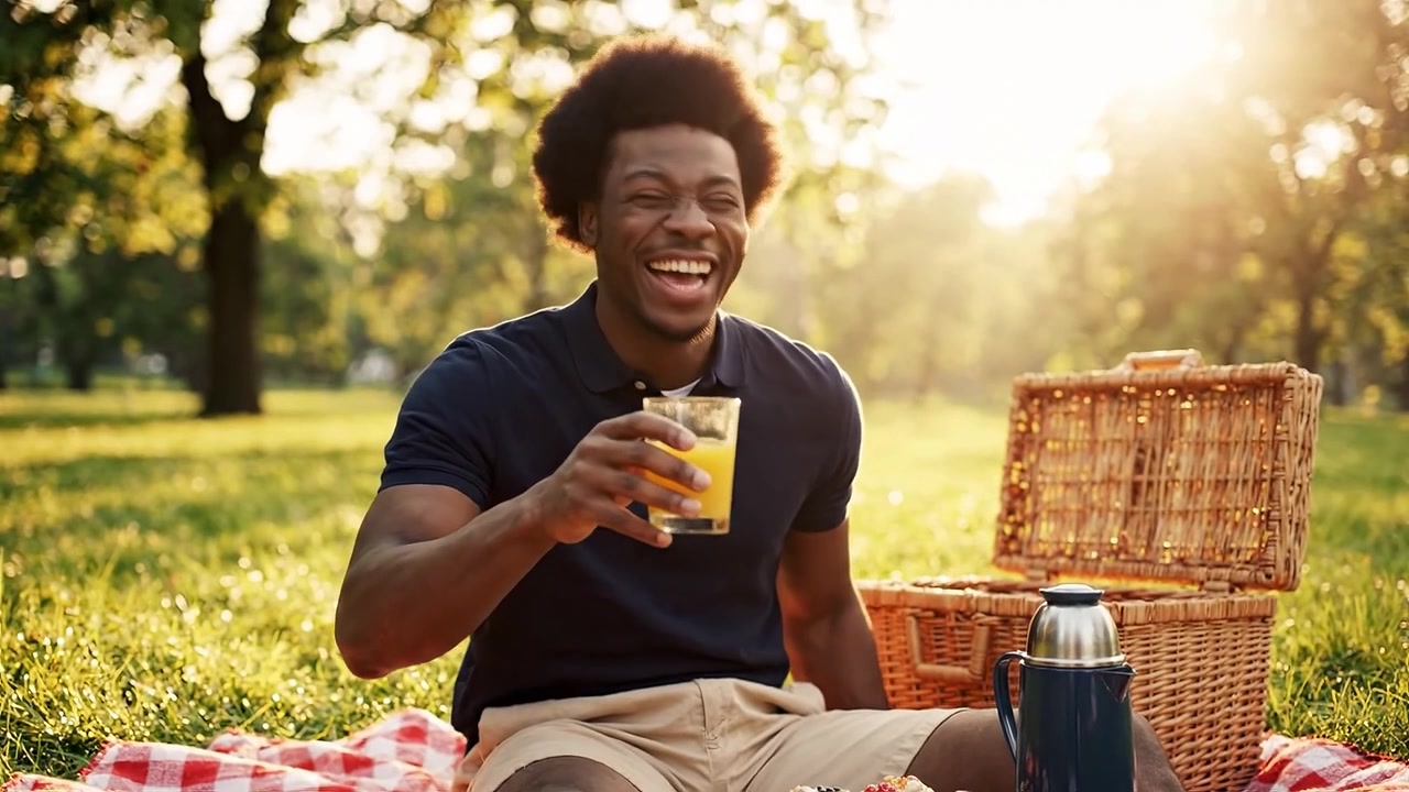 Joyful Outdoor Picnic - A Young Man Enjoys a Relaxing Day in the Sun with Refreshing Drinks, Tasty Food, and the Beauty of Nature All Around Him