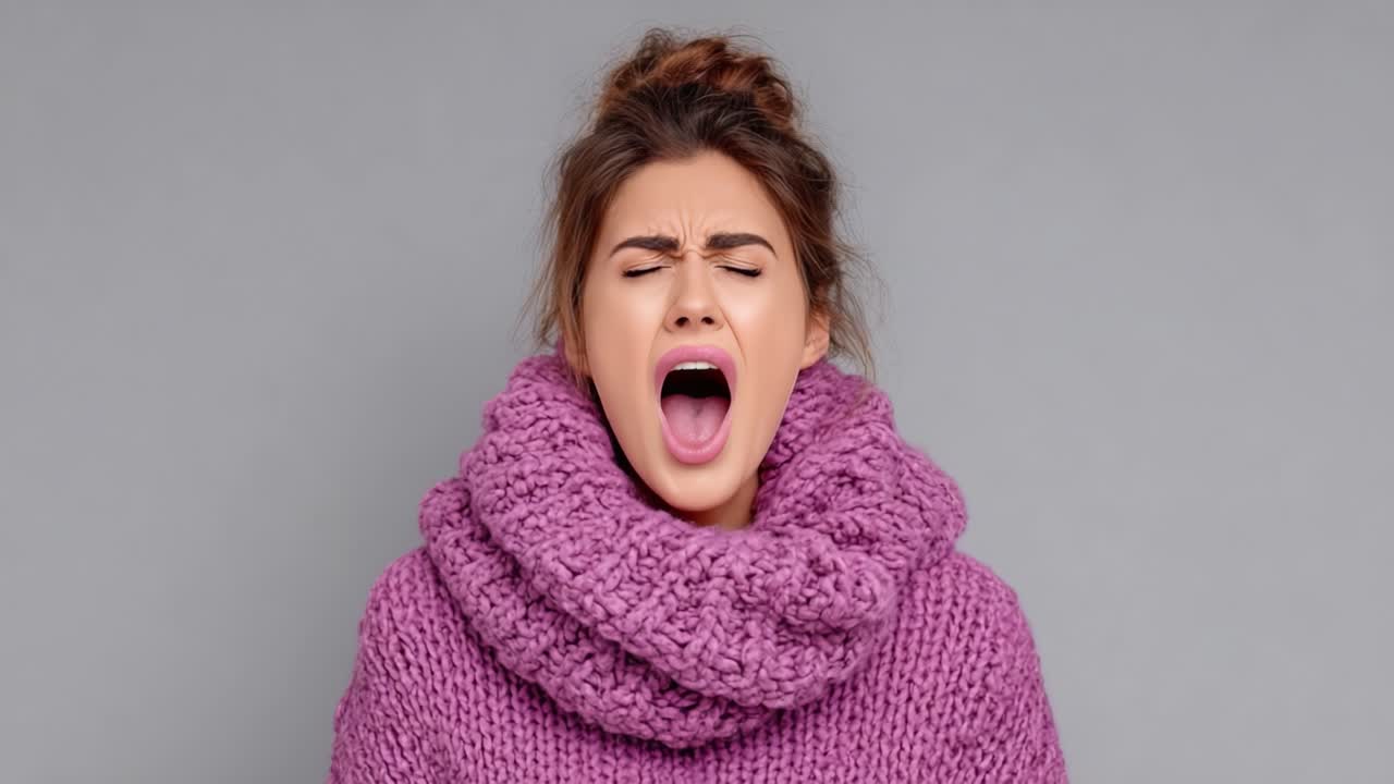 A Young Woman's Emotional Journey Captured in Two Frames: From Scream to Smile, Showcasing the Transformative Power of Expressions in Cozy Knitwear