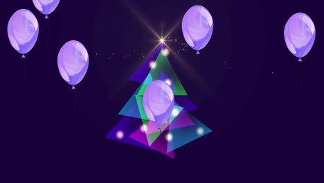 animation of purple balloons over christmas tree on black background