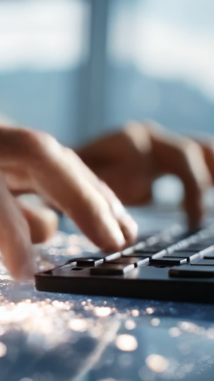 Primo piano di mani che digitano su una tastiera con una superficie scintillante, catturando l'attenzione sul lavoro e sulla produttività in un ambiente digitale moderno