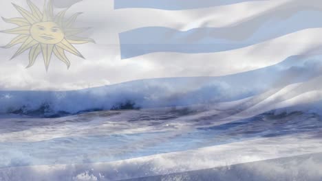 Digitale-Komposition-Der-Wehenden-Uruguayischen-Flagge-Gegen-Wellen-Im-Meer