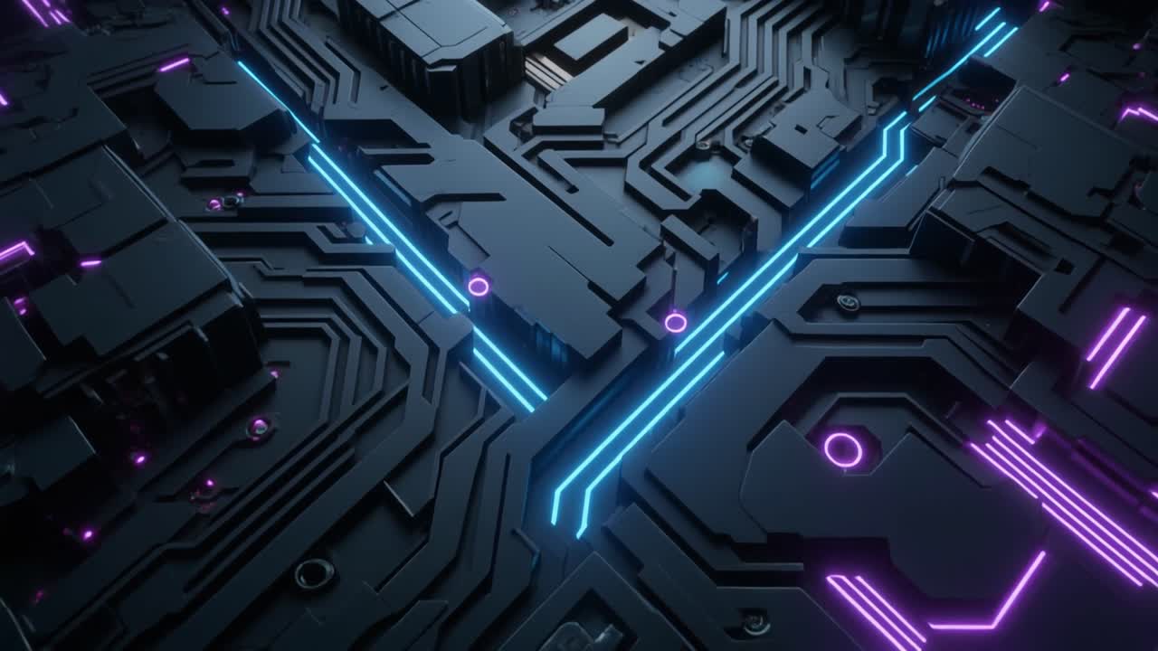 Futuristic Circuit Board with Glowing Neon Lines and Data Flow