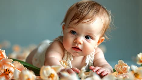 adorable baby among soft orange tulips