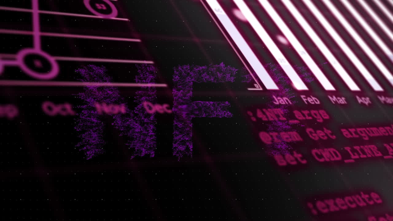 Animation of data processing and nft text over black background