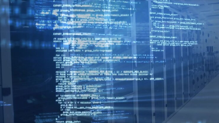 Data processing and binary coding on a blue background
