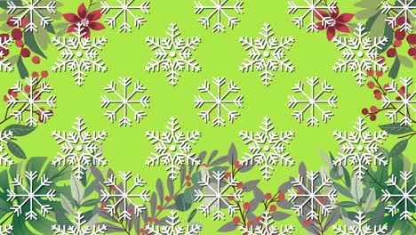 Multiple-snowflakes-icons-in-seamless-pattern-against-floral-designs-on-green-background