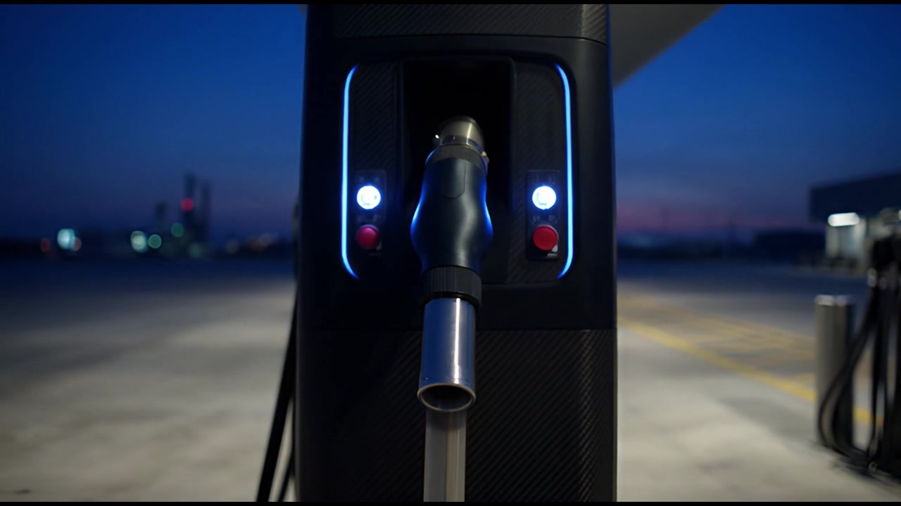 Moderna stazione di ricarica per veicoli elettrici illuminata al crepuscolo
