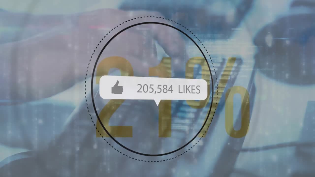 Animation of likes growing number and data processing over hands typing on keyboard