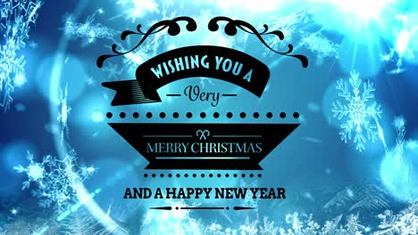 Merry-christmas-and-happy-new-year-text-banner-against-snowflakes-and-blue-spots-of-light