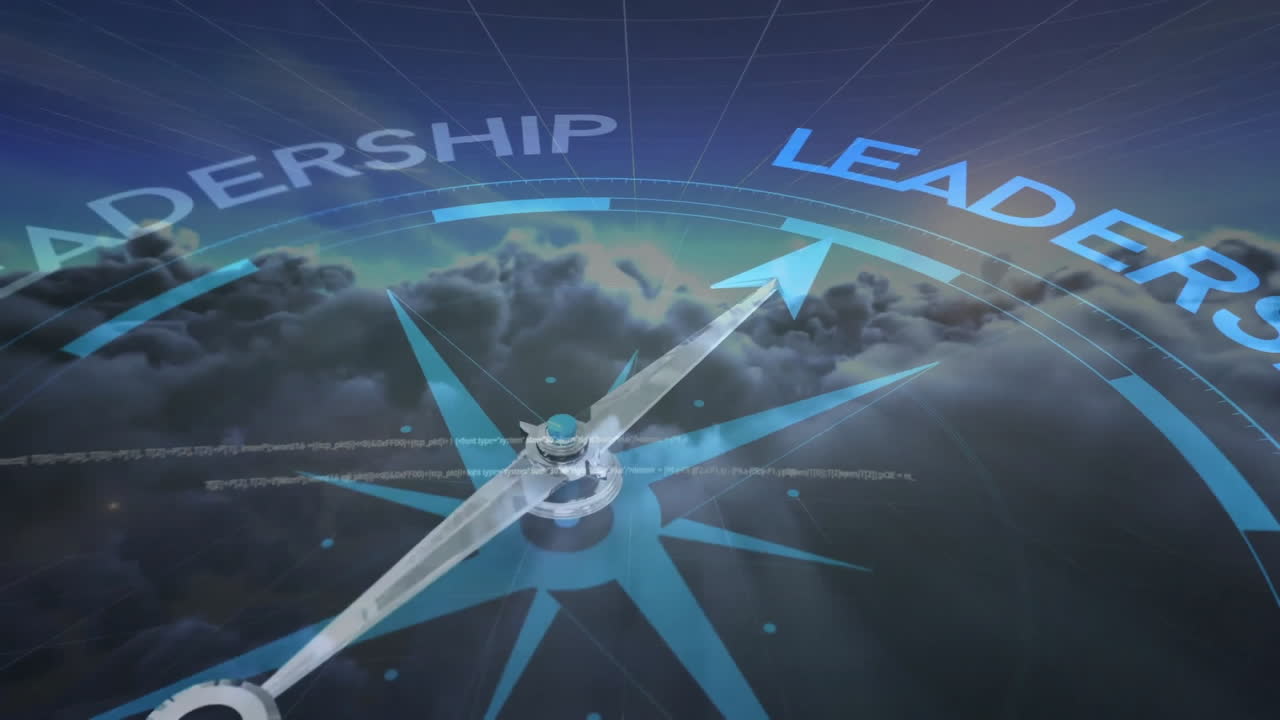 Animation of compass with texts over data processing and sky with clouds