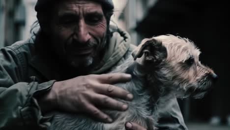 a heartwarming bond: capturing the deep connection between a man and his dog amidst urban struggles