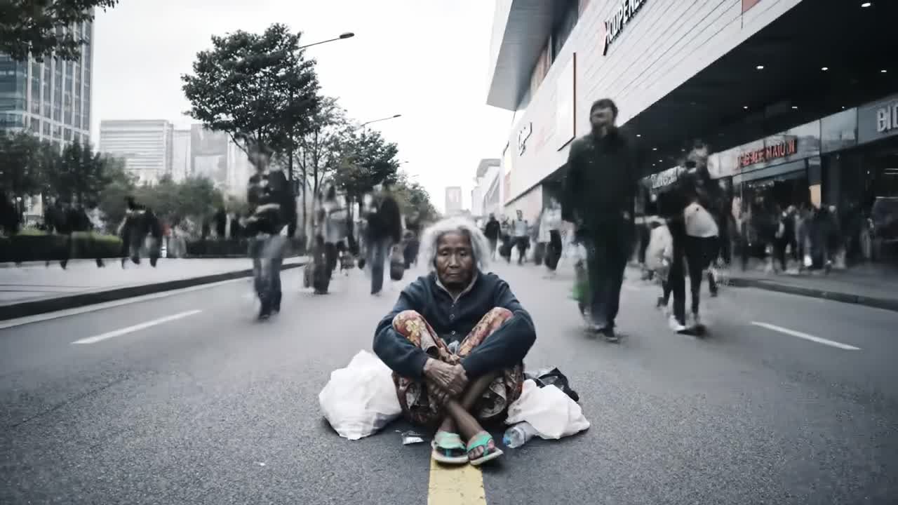 An elderly woman is seated on a busy street, surrounded by moving pedestrians. She appears contemplative amid the rush of city life, symbolizing solitude and resilience.