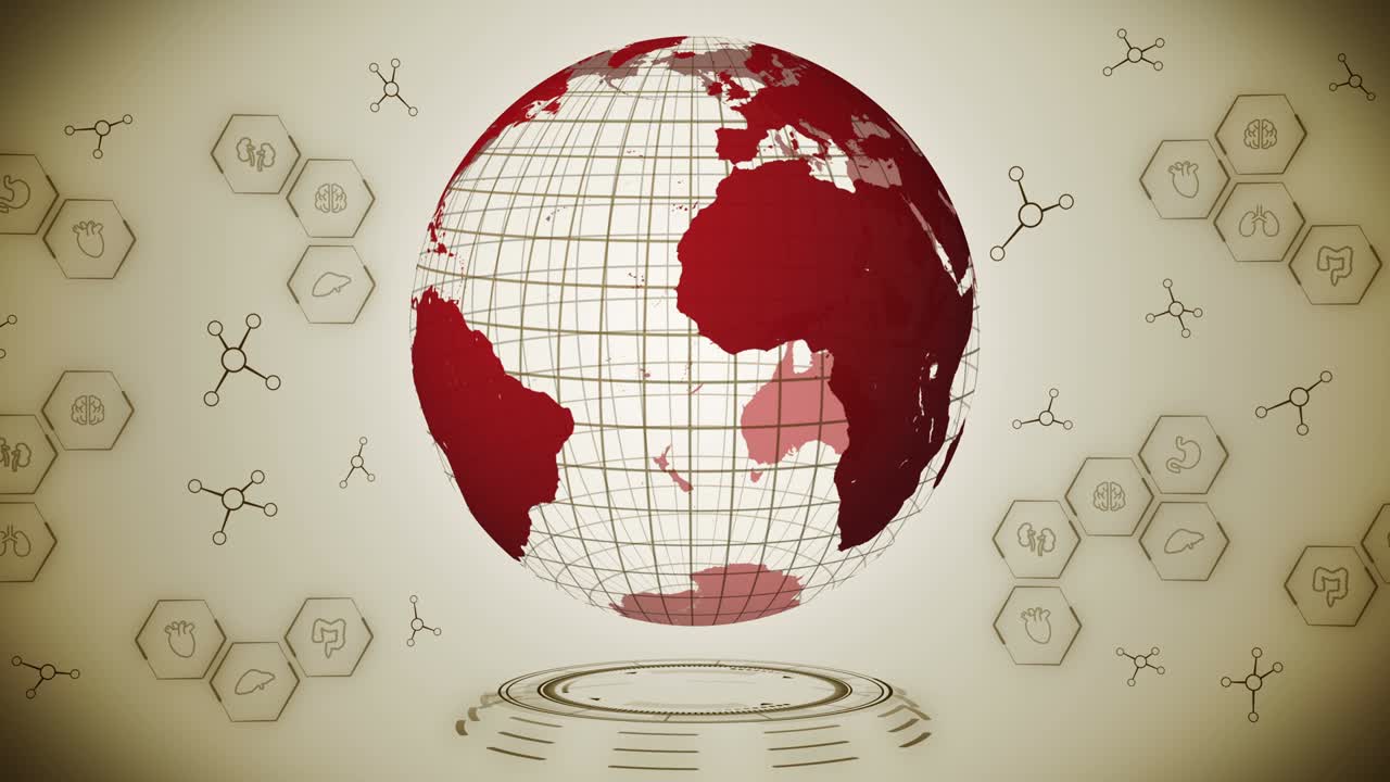 pandemia de infección. tierra global con puntos rojos de infección. concepto de elementos médicos. enfermedad o prevención. cuidado de la salud. control infeccioso. curación de virus. animación de bucle.