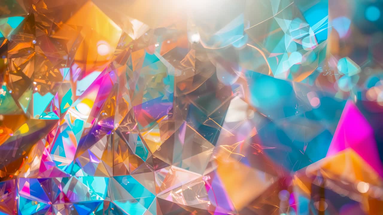 Shifting light source causing crystal shimmering in studio, prism edges, bokeh spots for refraction