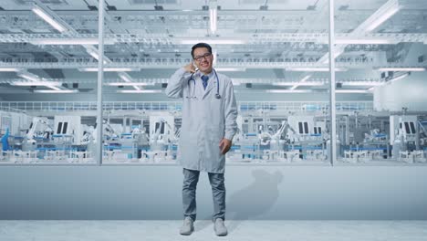 cuerpo lleno de médico masculino asiático con estetoscopio mostrando llamarme gesto y sonriendo en el laboratorio