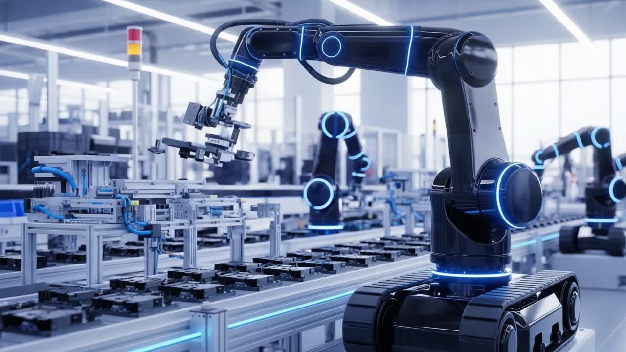 Automated Robotics System in Modern Manufacturing Facility: Advanced Robotic Arms Enhancing Production Efficiency on the Assembly Line with Cutting-Edge Technology