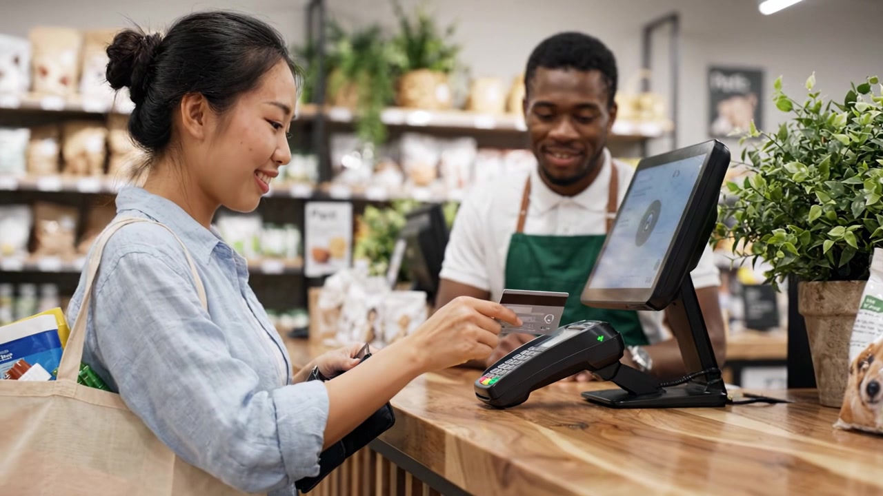 A cheerful transaction at a retail store where a woman interacts with a smiling cashier while making a purchase, showcasing a friendly shopping environment.